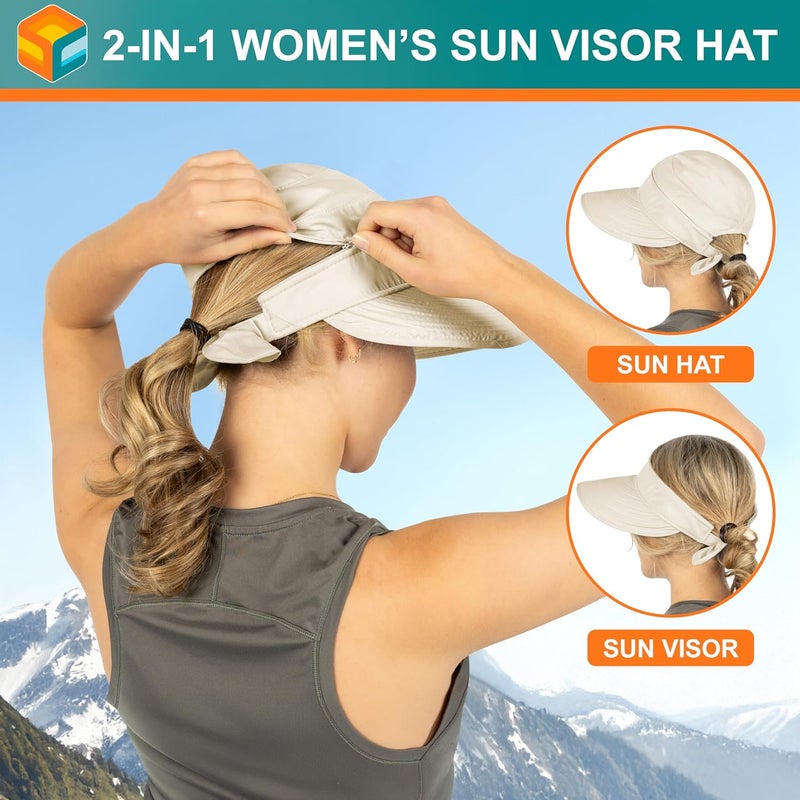 Suncube Women Sun Hat for Outdoor UV Protection, Wide Brim Sun Hat Ponytail, Convertible Zip-Off Beach Hat Visor - Image 5